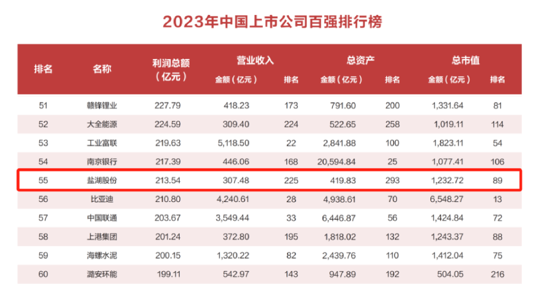 2023中國上市公司百強(qiáng)榜：鹽湖股份升至55；藏格礦業(yè)火箭躥升